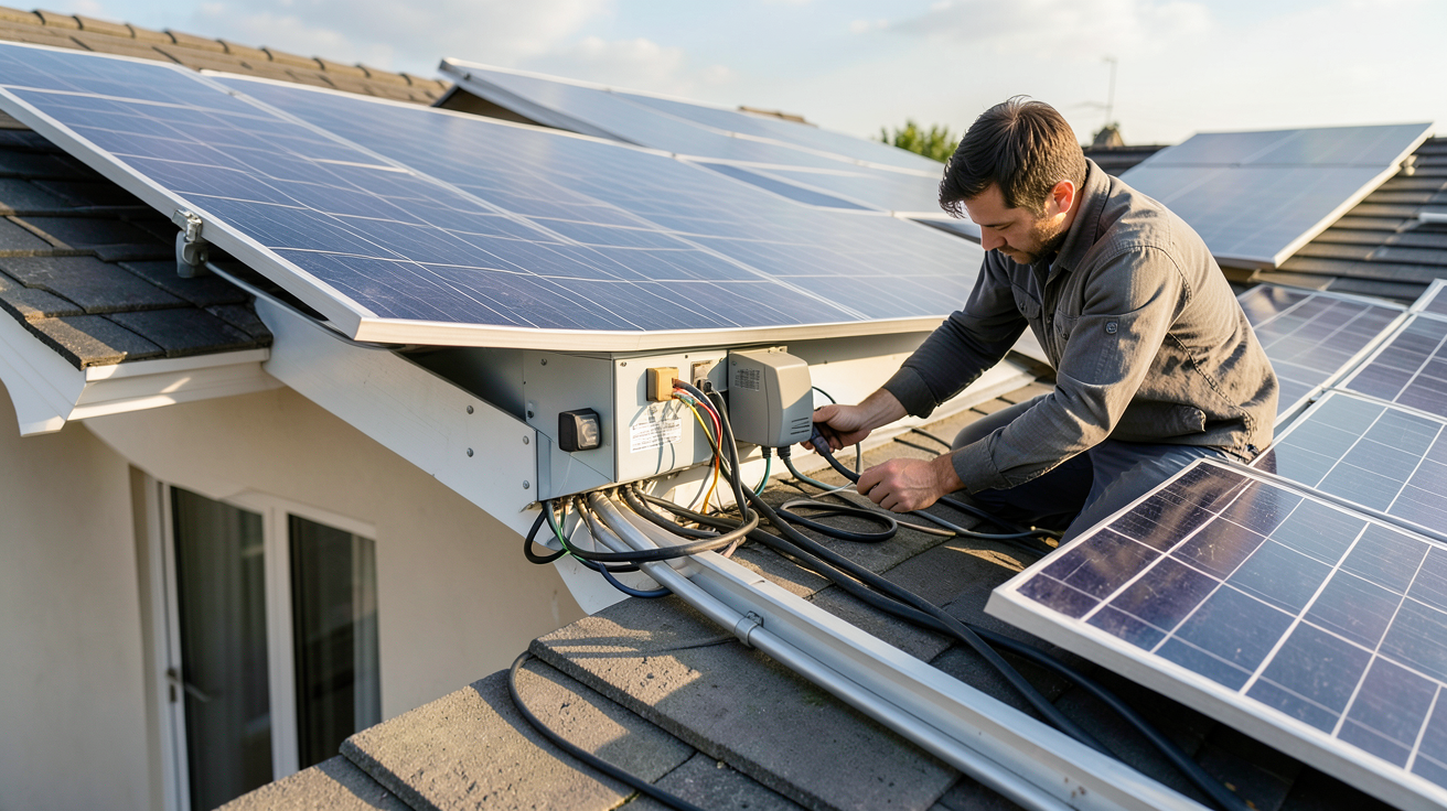 batterie domestique panneau solaire installation avec technicien vérifiant les connexions électriques