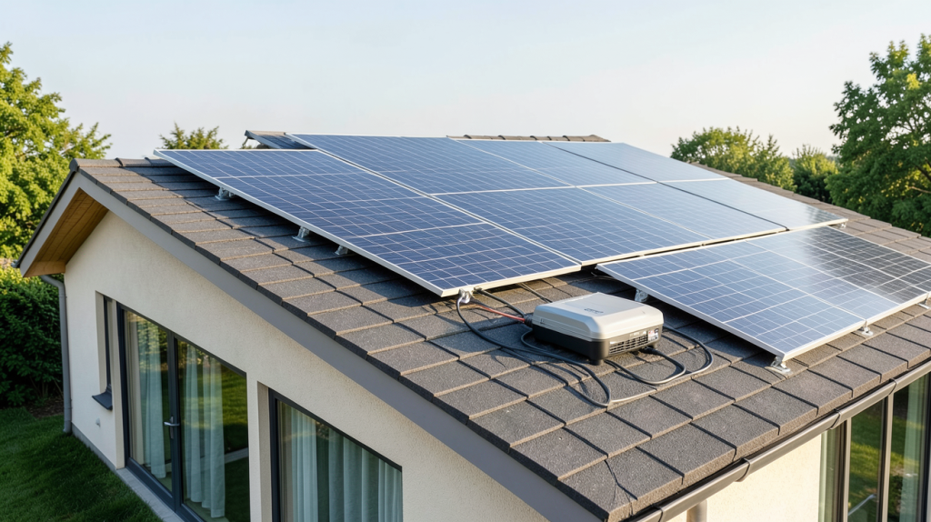 batterie domestique connectée à des panneaux solaires sur le toit d'une maison individuelle