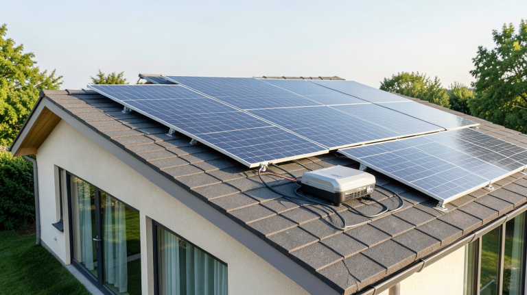 batterie domestique connectée à des panneaux solaires sur le toit d'une maison individuelle