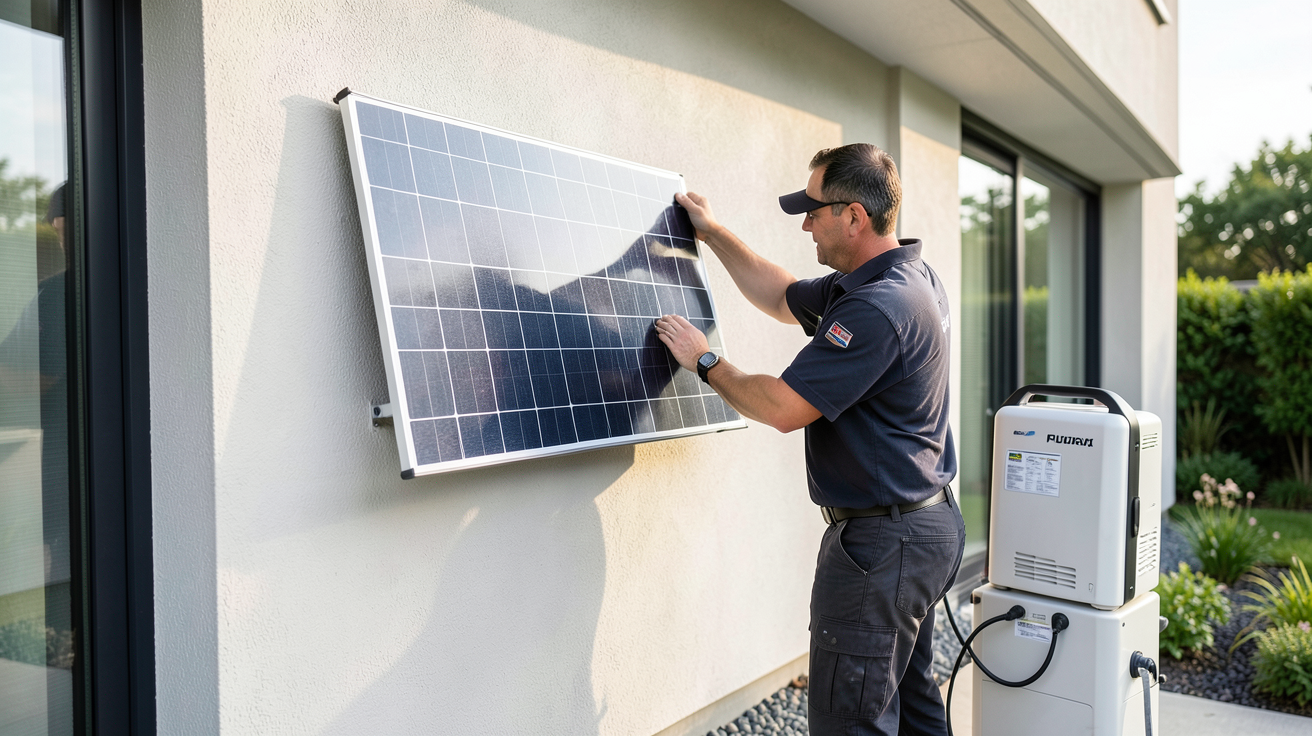 batterie energie solaire technicien professionnel installant une batterie à côté d'un kit plug-and-play prêt à brancher