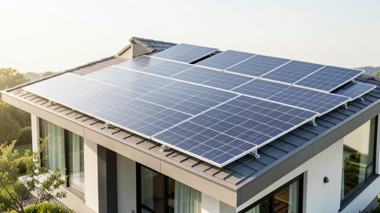 batterie energie solaire installée dans un garage résidentiel avec panneaux solaires sur le toit