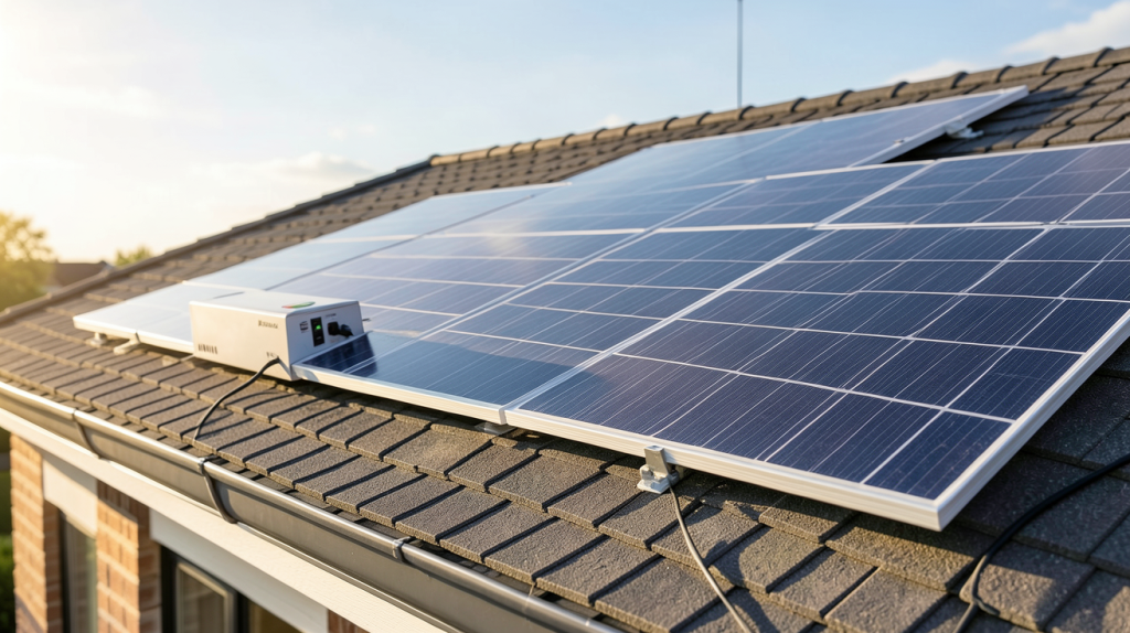 batterie et panneau solaire installés sur un toit de maison avec lumière naturelle