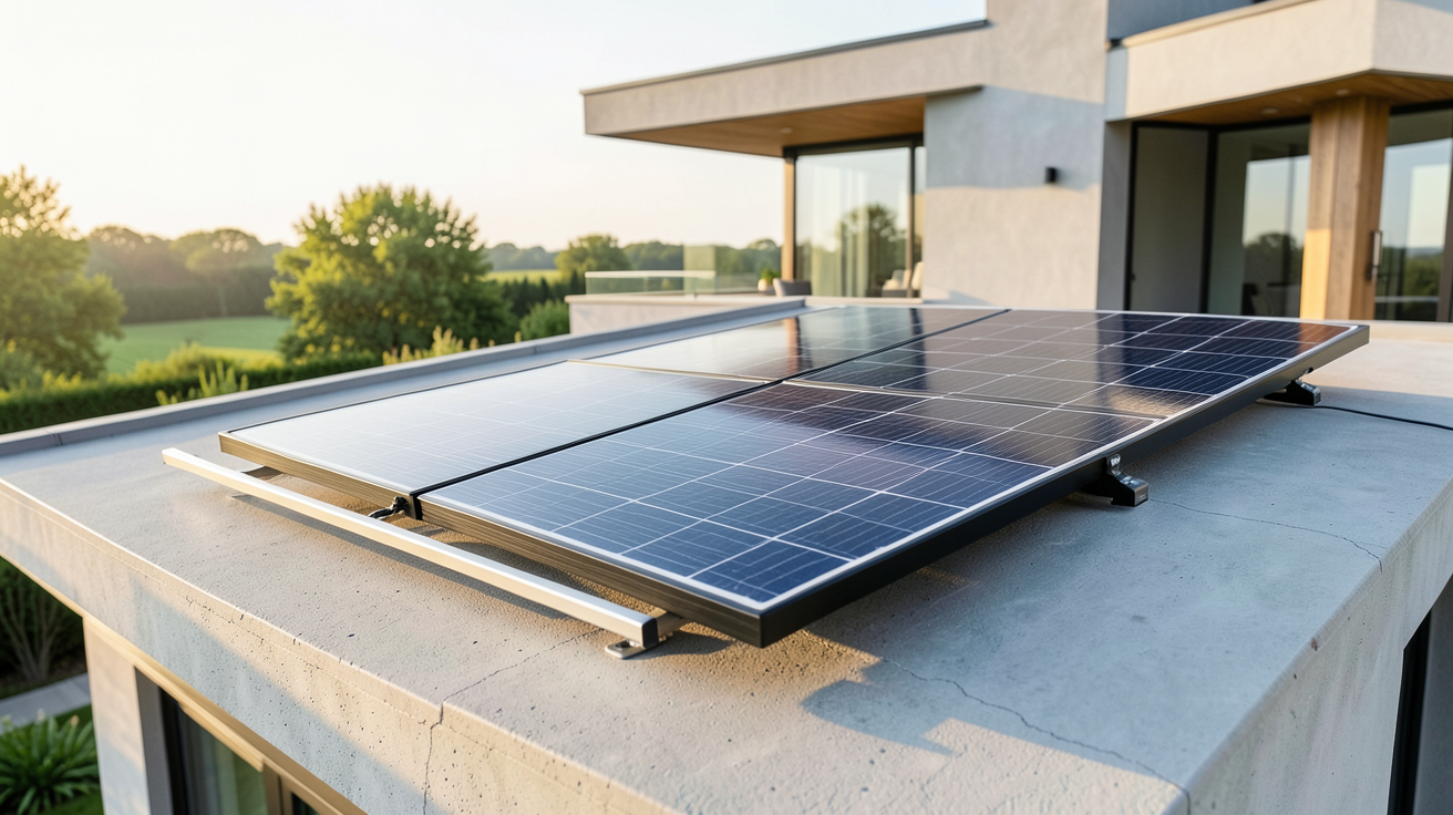 batterie et panneau solaire modernes installés sur un toit de maison contemporaine