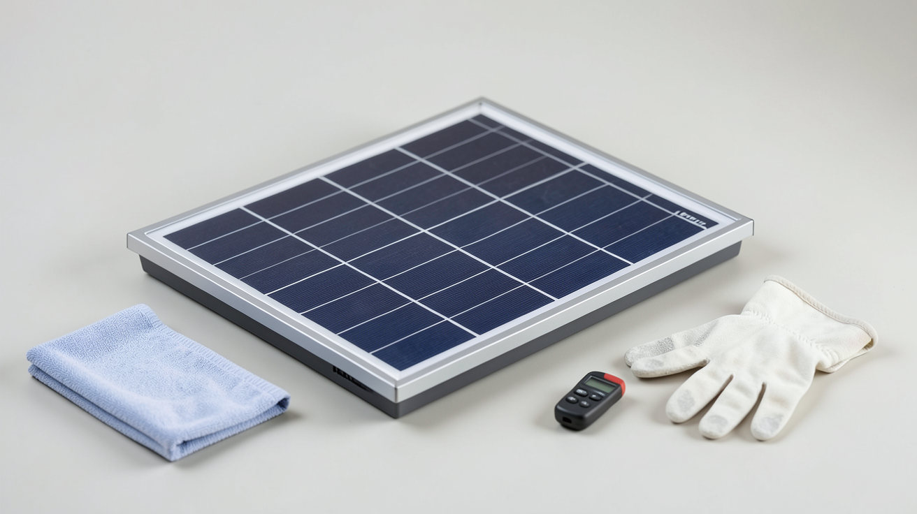 batterie gel pour panneau solaire posée sur une surface propre avec outils d'entretien à proximité