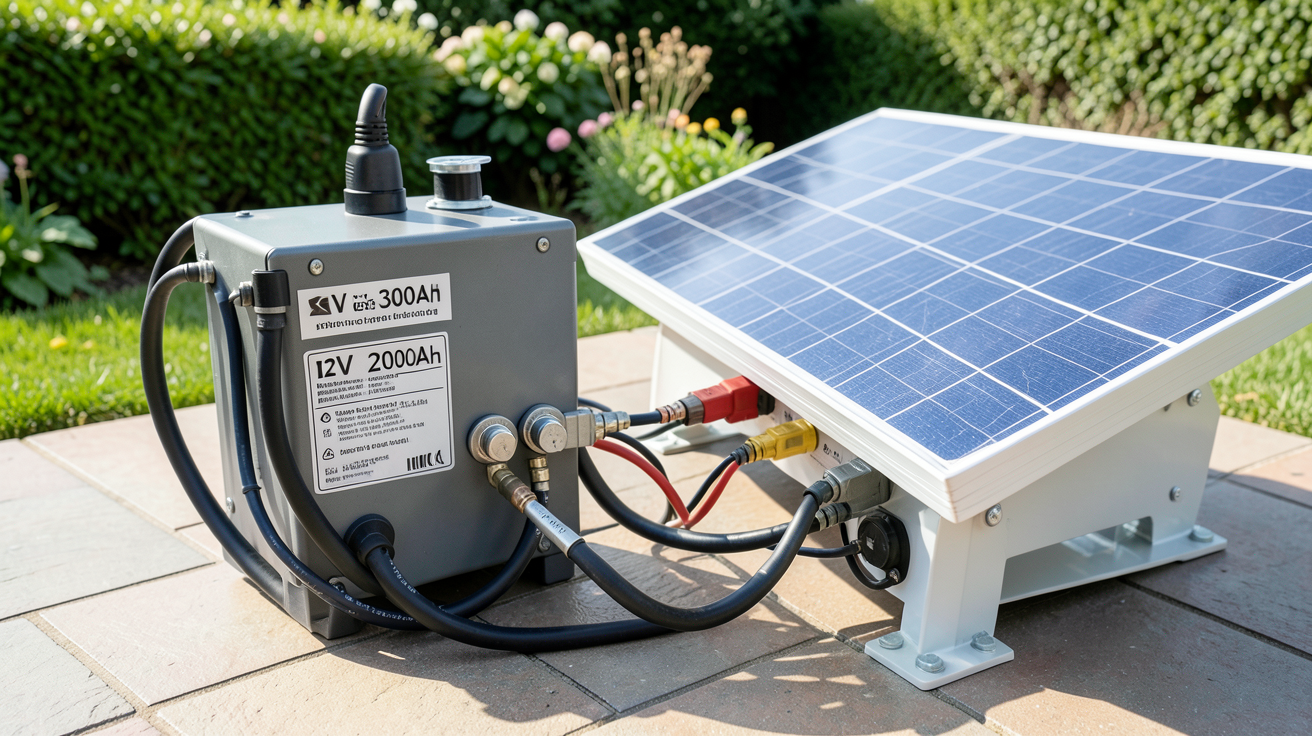 batterie gel 12V 200Ah raccordée à un panneau solaire monocristallin de 300W avec câbles et connecteurs MC4