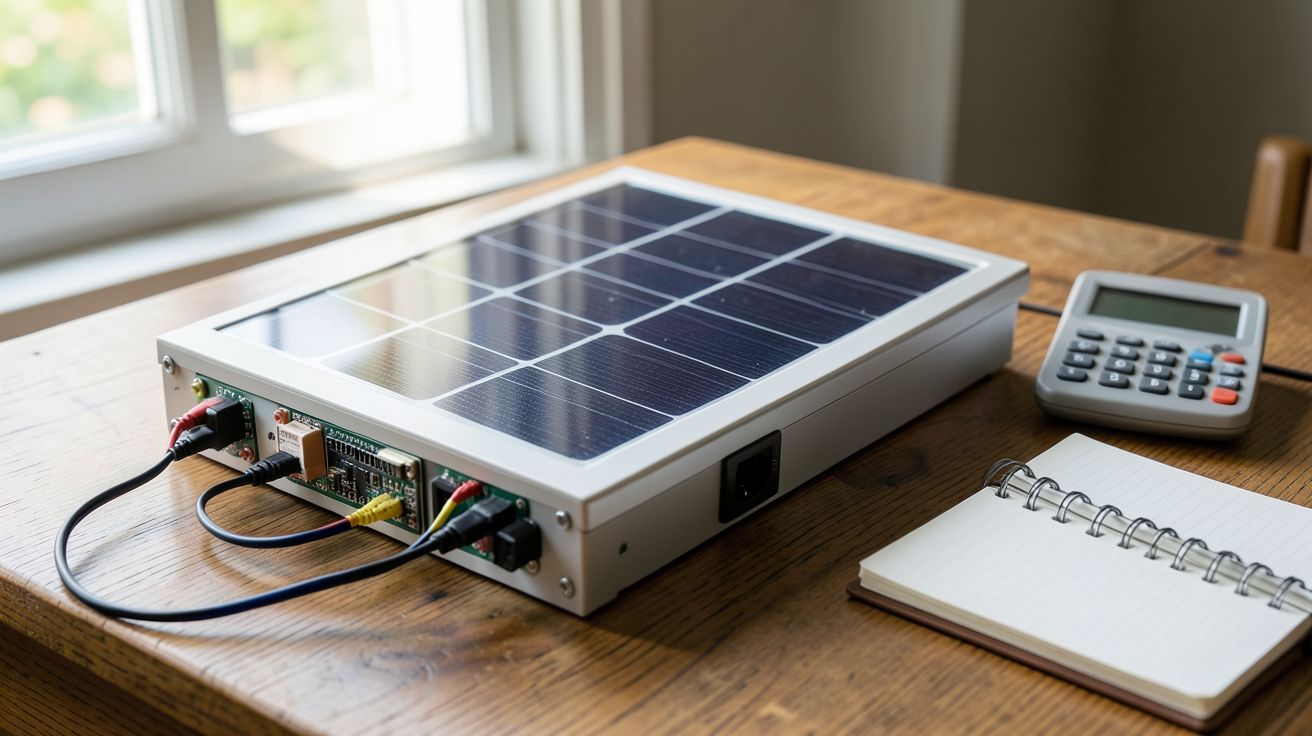 batterie gel pour panneau solaire posée sur une table avec un calculateur solaire et un carnet de notes pour le dimensionnement de l'autonomie