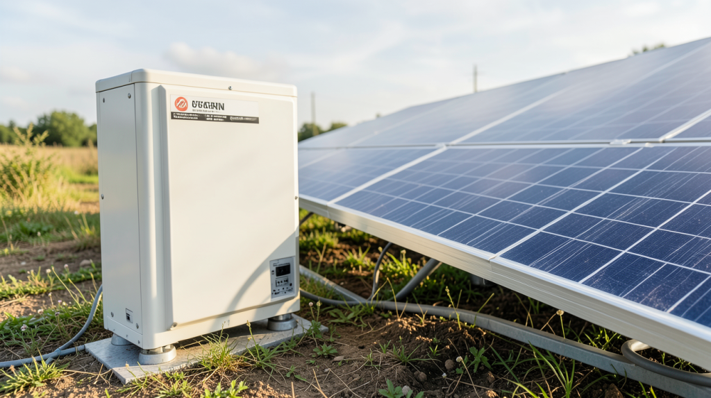 batterie gel pour panneau solaire installée à l'extérieur près d'un panneau photovoltaïque