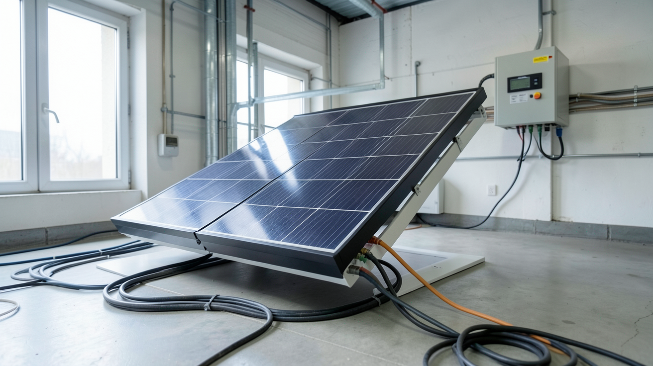 batterie gel pour panneau solaire en cours d'installation avec régulateur de charge et câblage électrique