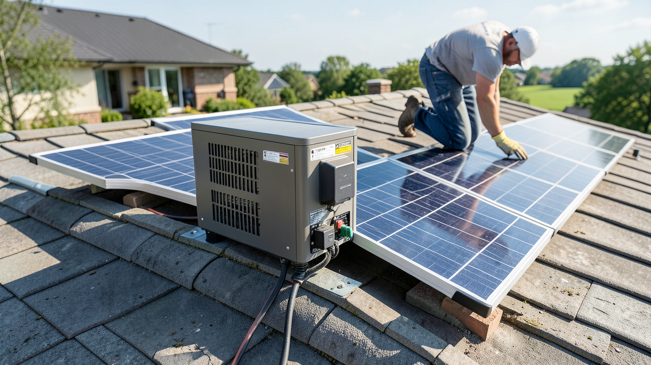 batterie grande capacité panneau solaire installée sur un toit, illustrant le guide d'installation pas à pas avec détails clairs