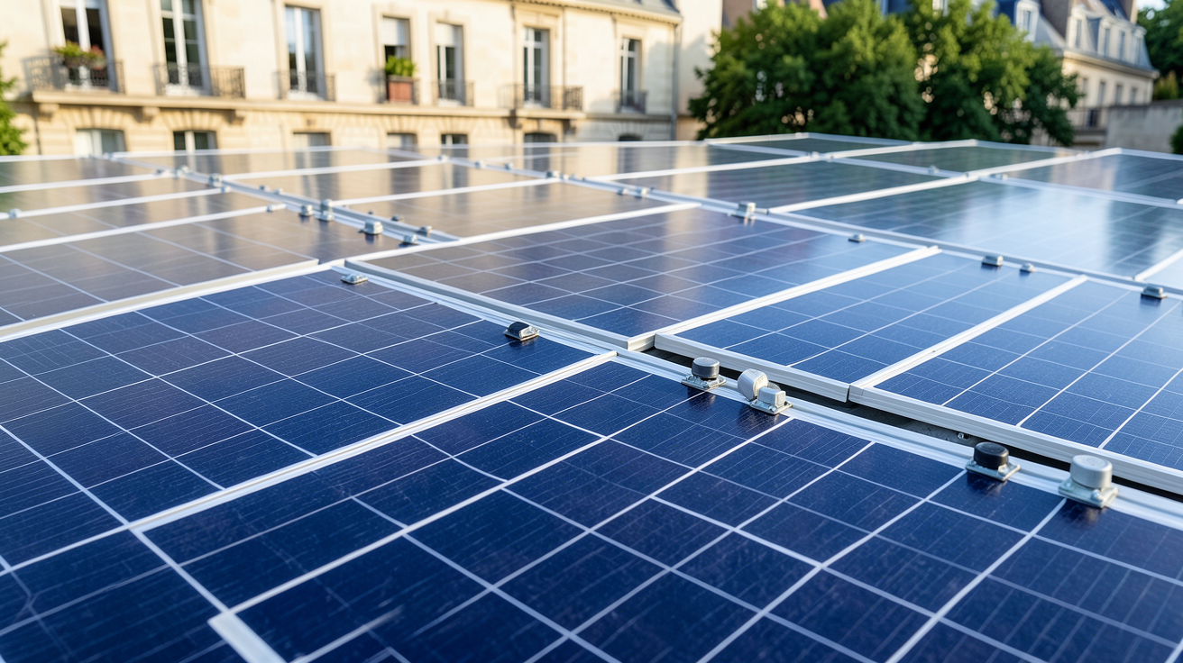 batterie grande capacité panneau solaire présentée parmi les cinq meilleures options disponibles en France en 2024, affichée en gros plan sur un tableau de panneaux solaires sous une lumière naturelle.