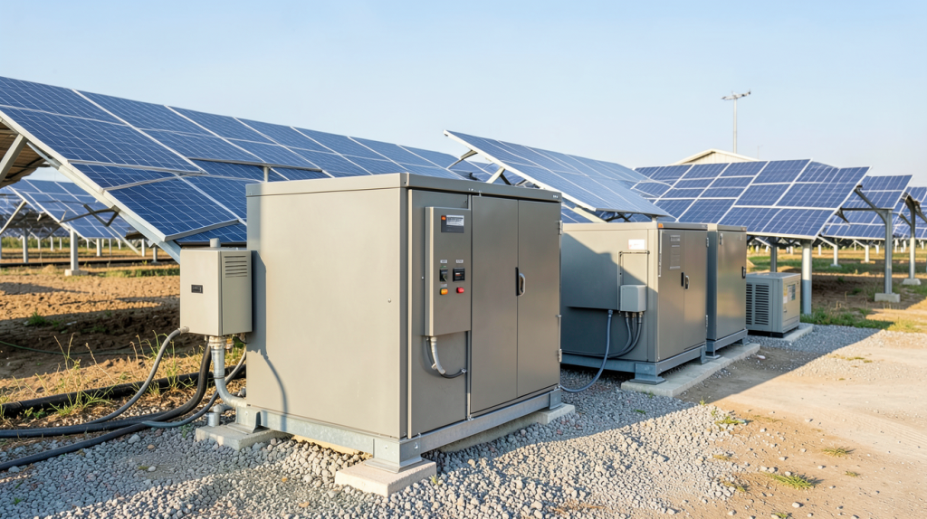 batterie installation photovoltaique mettant en avant une batterie de stockage connectée à des panneaux solaires sur un toit d'entreprise, cadre lumineux et détaillé