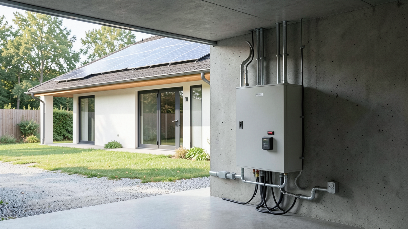 batterie installation photovoltaique connectée à des panneaux solaires sur une maison moderne
