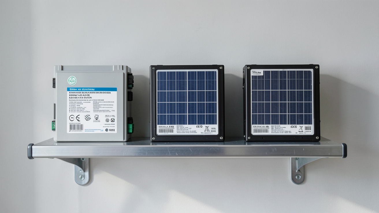 batterie installation photovoltaique présentant trois types de batteries solaires alignées sur une étagère