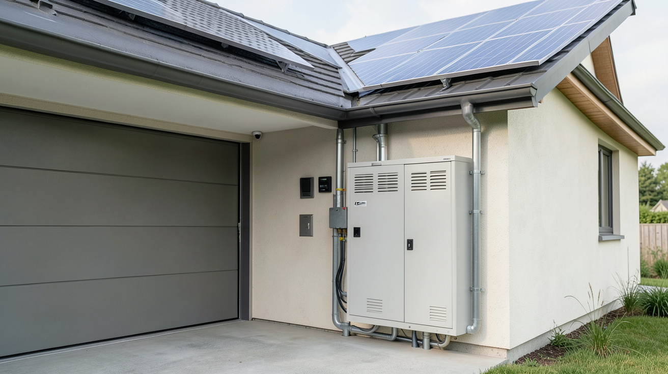 batterie installation solaire connectée à des panneaux solaires sur une maison moderne