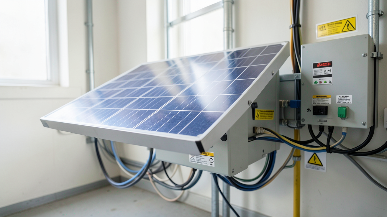 batterie lithium-ion connectée à un panneau solaire lors d'une installation professionnelle