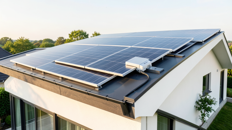 batterie lithium-ion connectée à un panneau solaire installé sur le toit d'une maison moderne