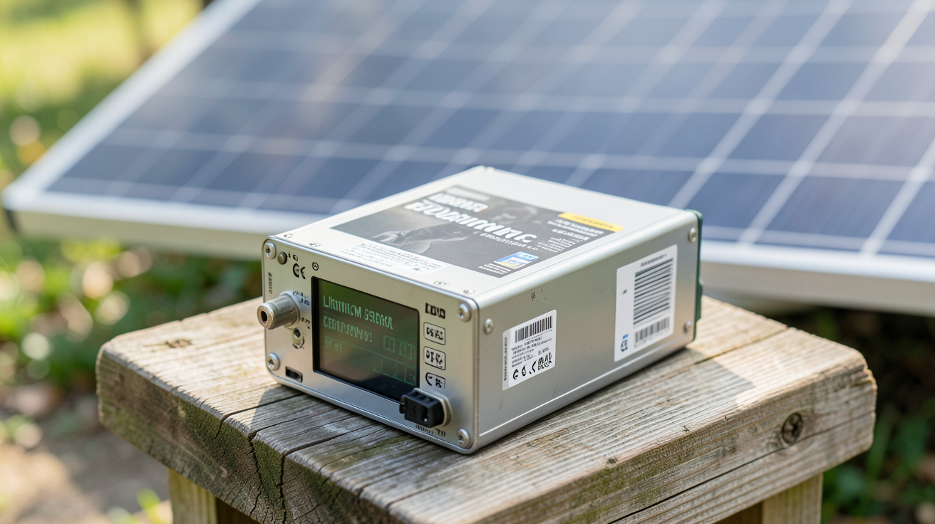 batterie lithium pour panneau solaire posée sur un support en bois avec un panneau solaire en arrière-plan