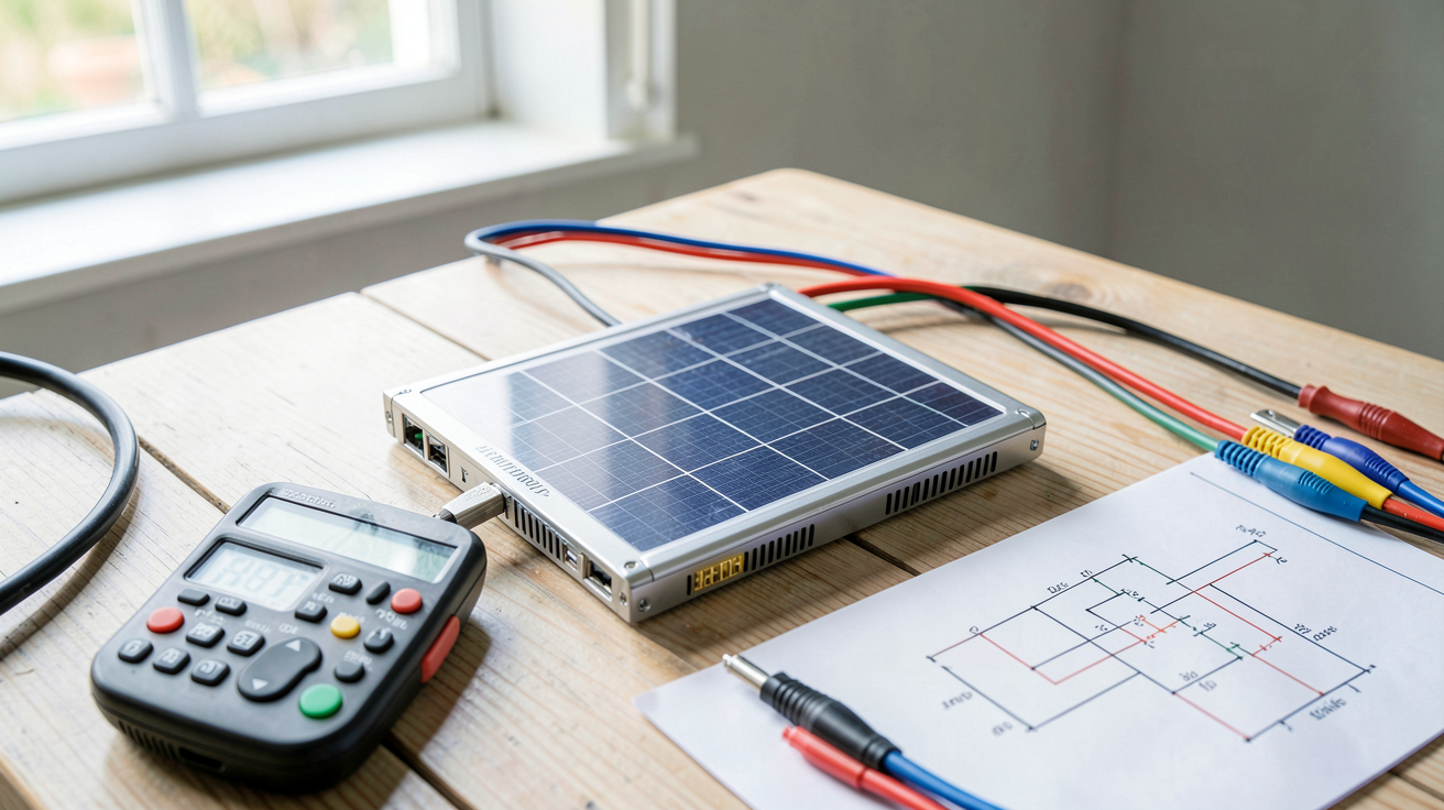 batterie lithium pour panneau solaire posée sur une table avec outils de dimensionnement