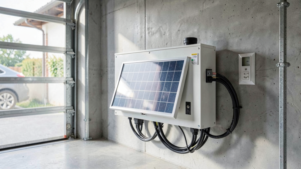 batterie lithium pour panneau solaire installée dans un garage moderne avec des câbles connectés