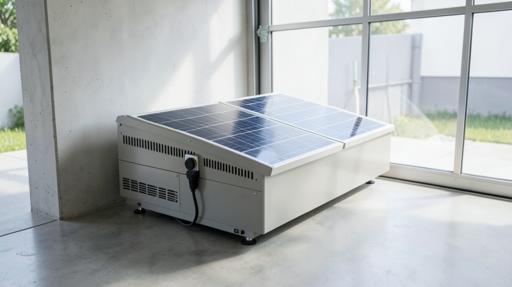 batterie lithium solaire installée dans un garage moderne avec des câbles connectés