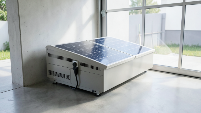 batterie lithium solaire installée dans un garage moderne avec des câbles connectés