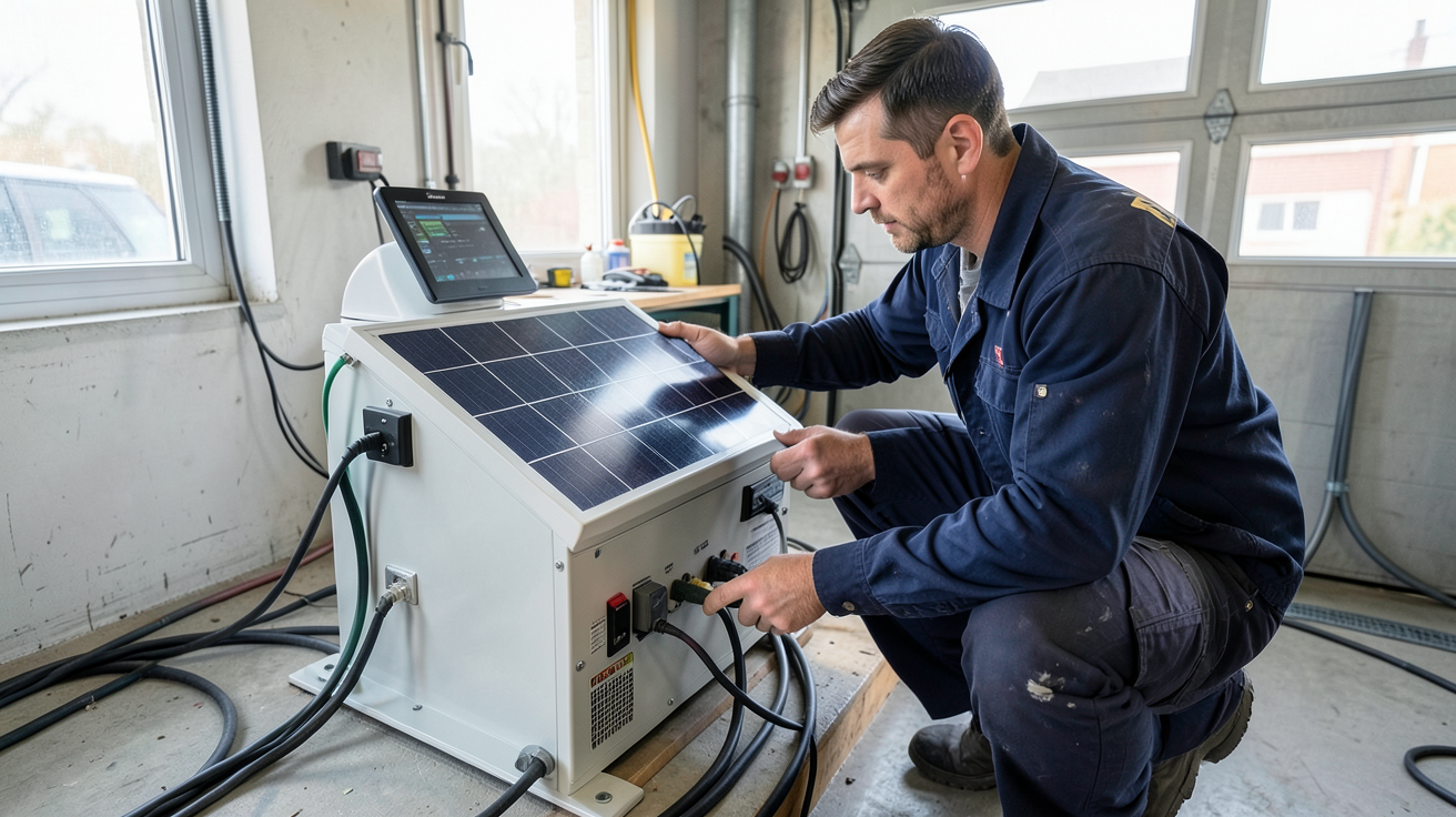 batterie lithium solaire en cours d'installation par un technicien professionnel