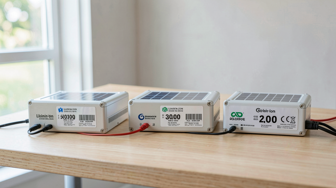 batterie lithium solaire prix affichés sur trois modèles différents posés sur un plateau en bois