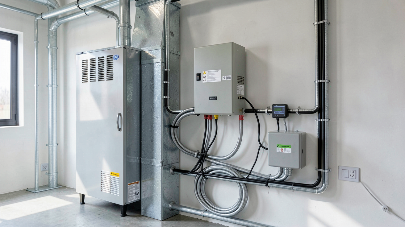 batterie lithium pour stockage solaire intégrant un onduleur hybride, un régulateur de charge et des câbles conformes aux normes NF C 15-100 et IEC 62619
