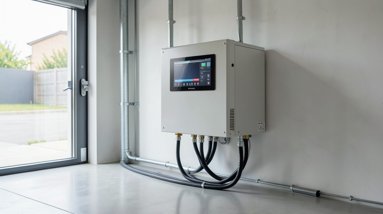 batterie maison panneau solaire installée dans un garage moderne pour stockage d'énergie renouvelable