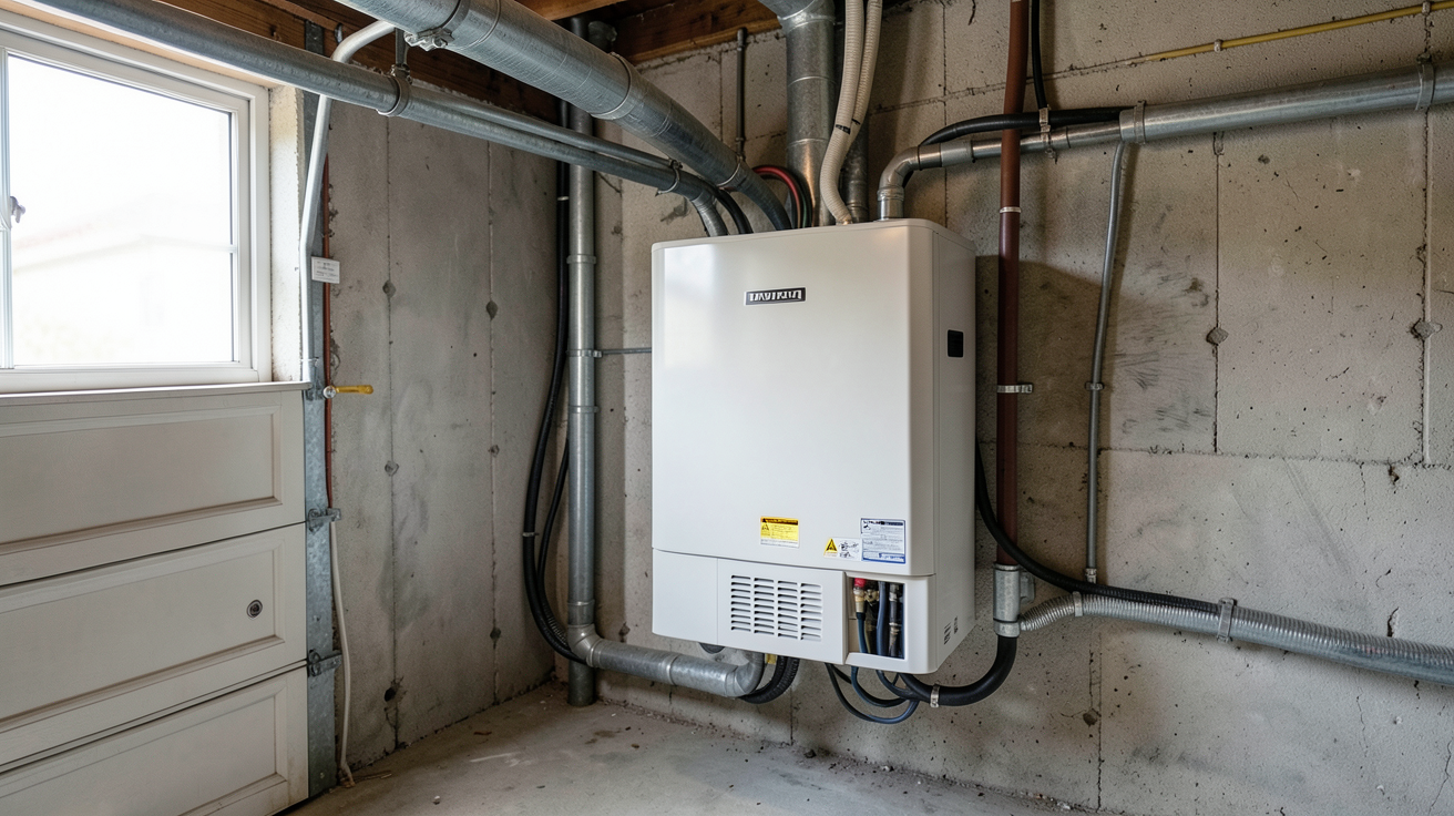 batterie maison panneau solaire installée dans un garage technique avec câbles et onduleur