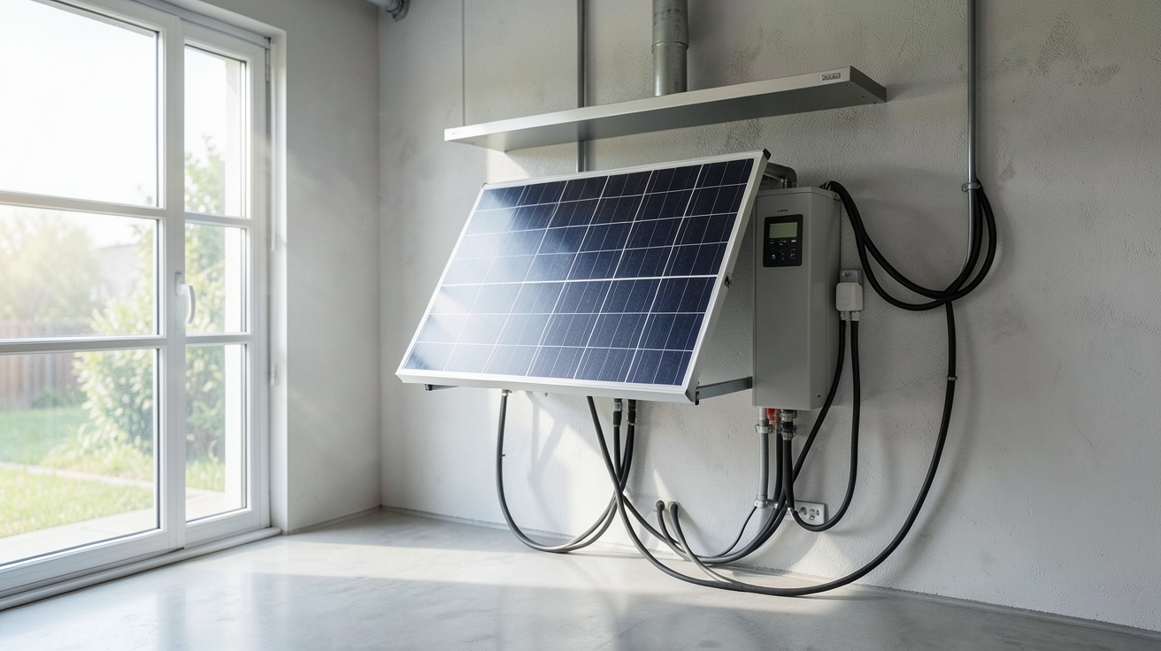 batterie maison panneau solaire installée dans un garage moderne avec câbles connectés