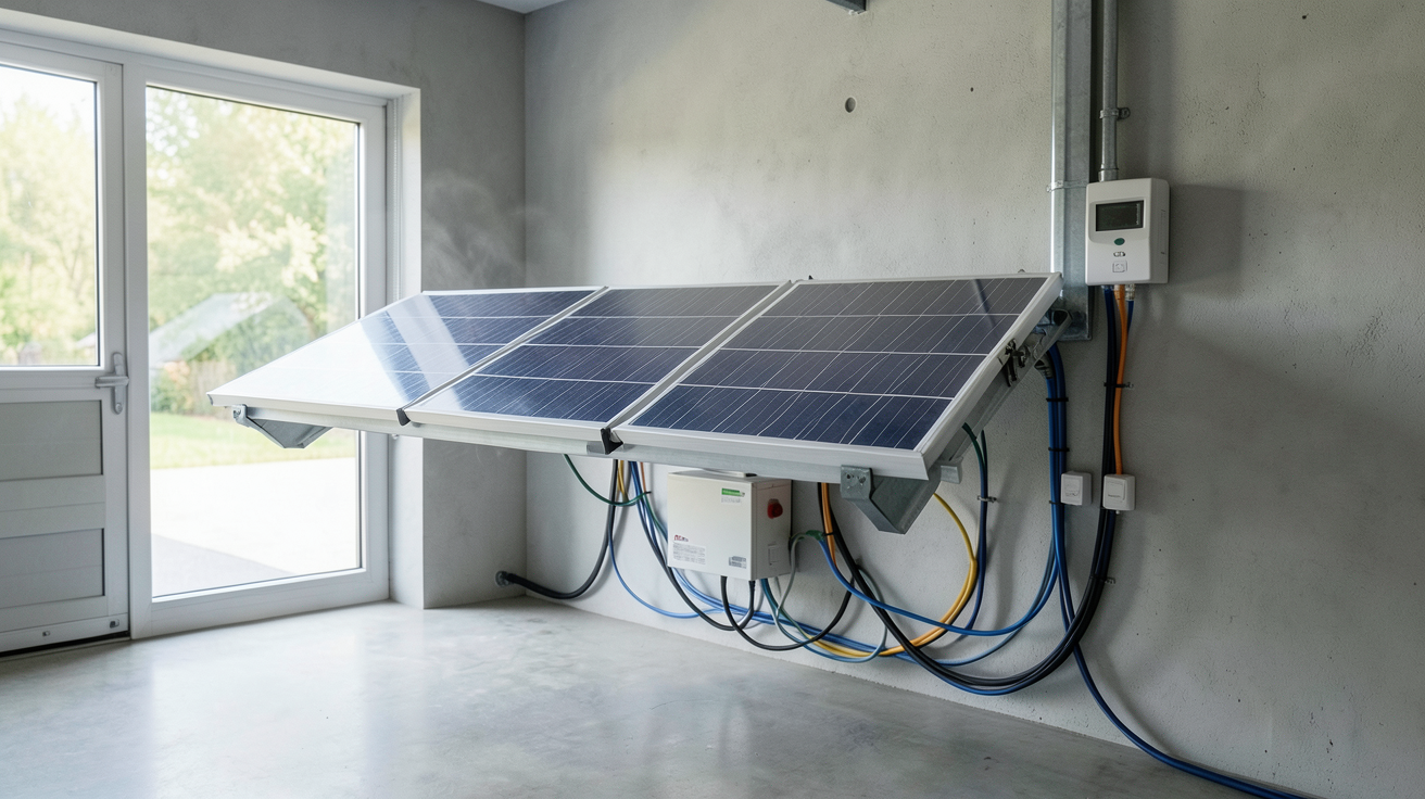 batterie maison solaire installée dans un garage moderne avec onduleur et câbles électriques