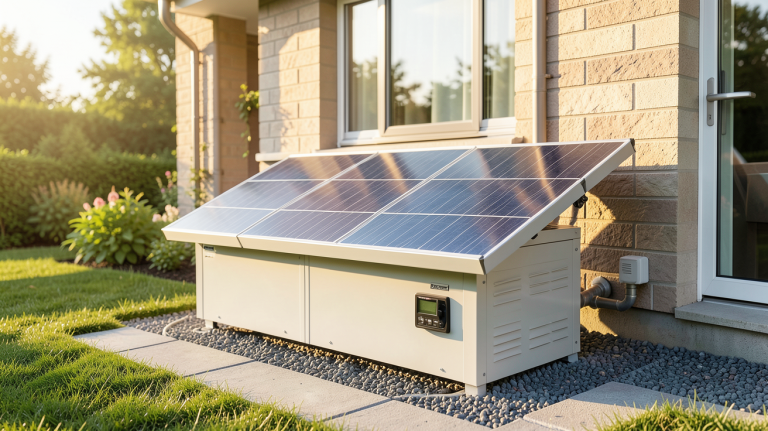 batterie maison solaire installée à l'extérieur d'une maison, système de stockage d'énergie photovoltaïque