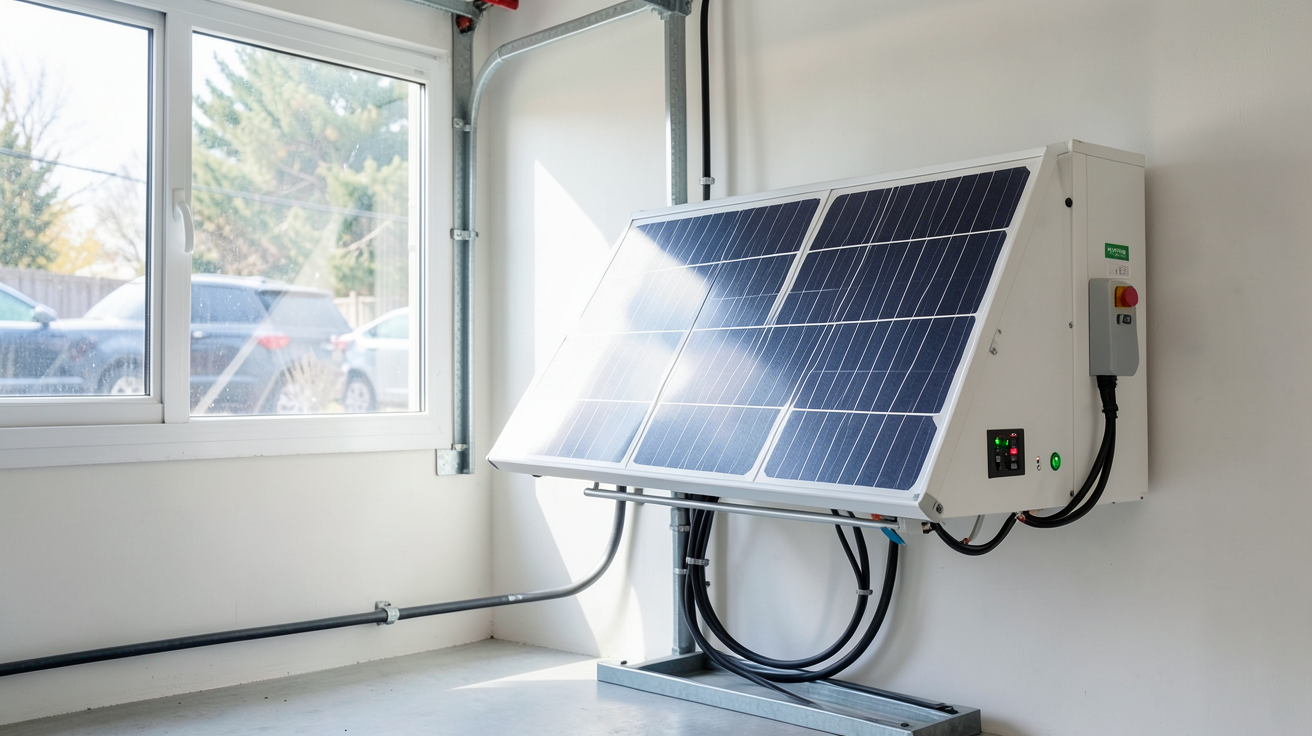batterie maison solaire moderne installée dans un garage, avec panneaux solaires visibles à travers une fenêtre