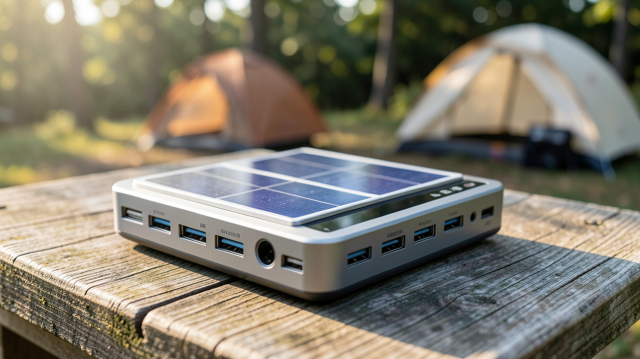 batterie nomade avec panneau solaire intégré posée sur une table en bois extérieur
