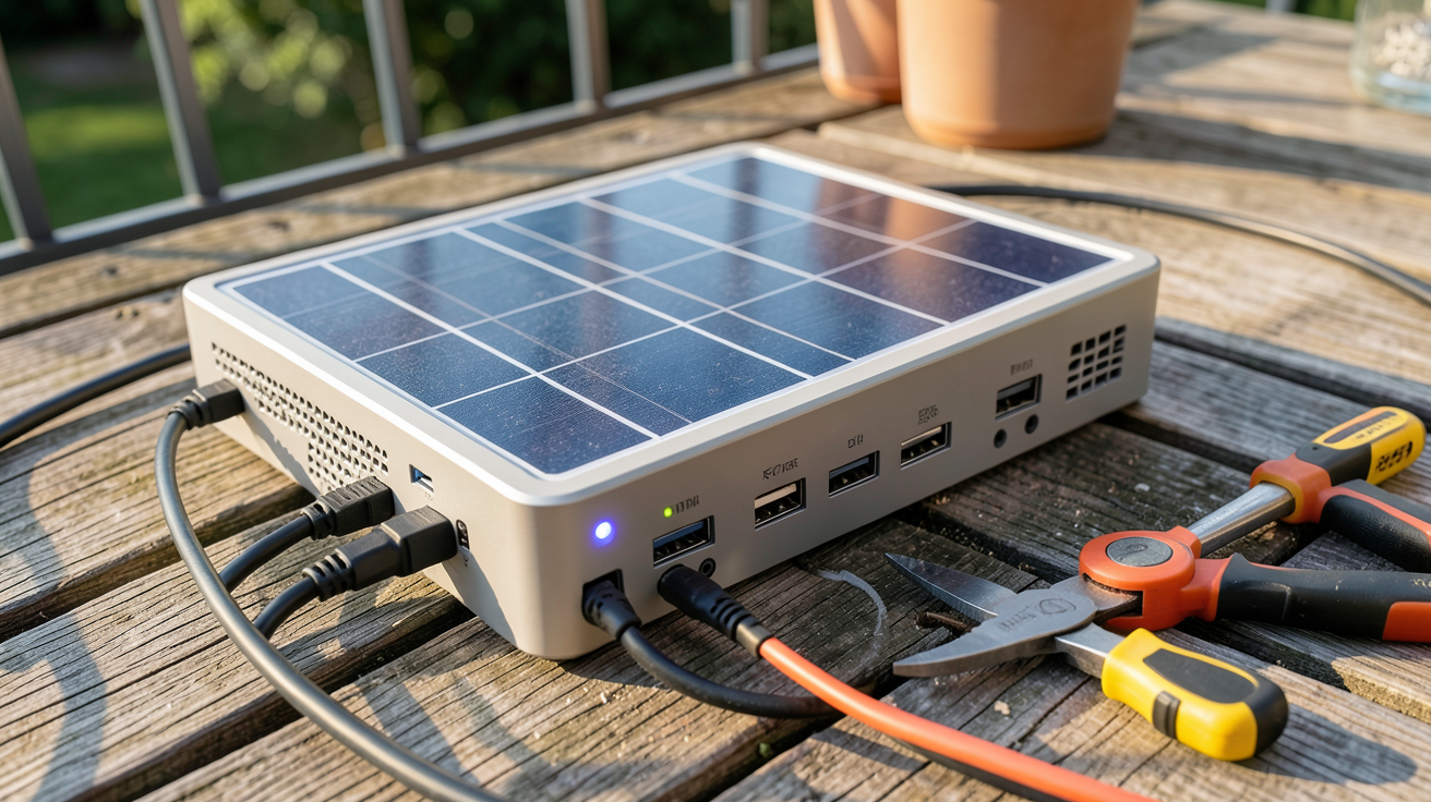 batterie nomade avec panneau solaire en cours d'installation sur une terrasse avec outils et câbles