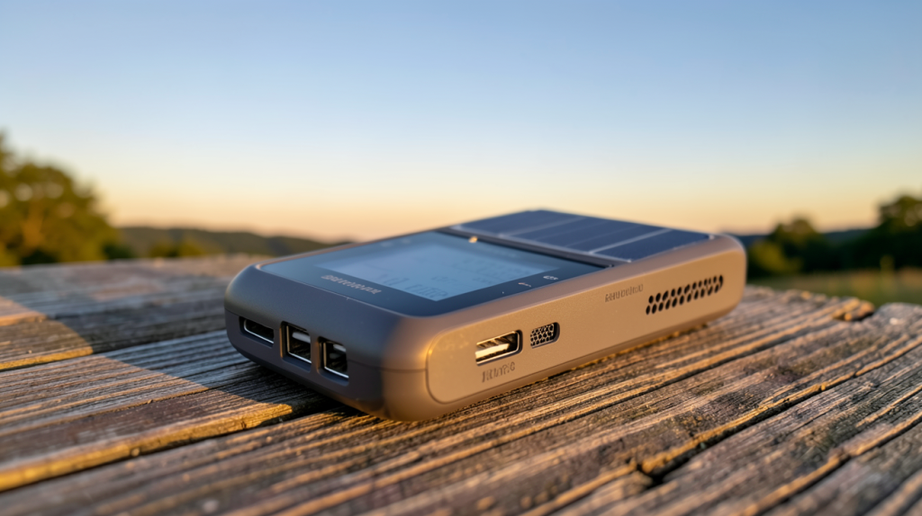 batterie nomade avec panneau solaire intégré posée sur une table en bois en extérieur