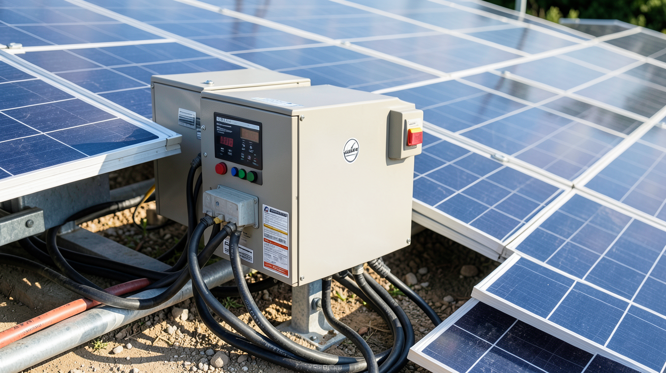 batterie onduleur panneau solaire montrant l'unité de stockage connectée à des panneaux photovoltaïques sous la lumière du jour