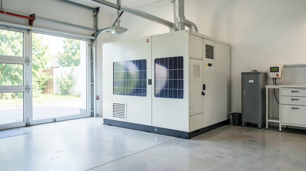 batterie panneau photovoltaique installée dans un garage moderne avec des panneaux solaires en arrière-plan