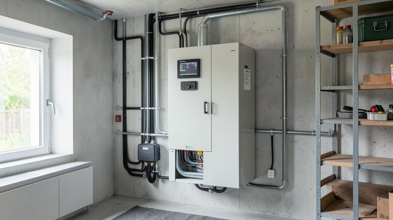 batterie panneau photovoltaique installée dans un garage technique d'une maison moderne
