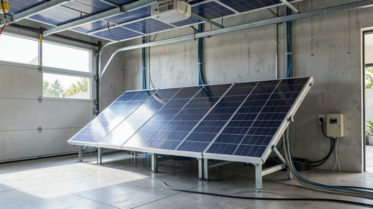 batterie de panneau photovoltaïque installée dans un garage moderne avec panneaux solaires sur le toit