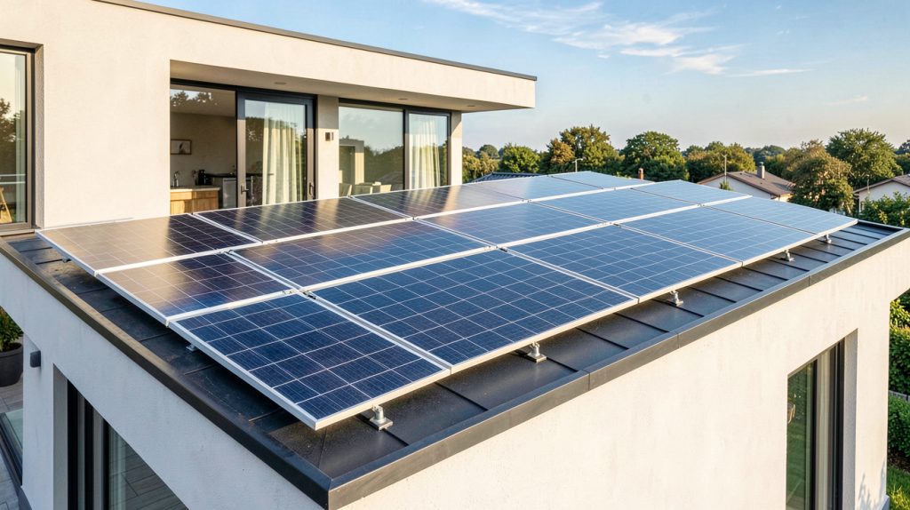 batterie panneau solaire installée sur le toit d'une maison moderne, capturant la lumière du jour