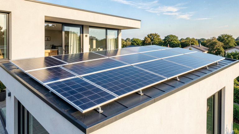 batterie panneau solaire installée sur le toit d'une maison moderne, capturant la lumière du jour