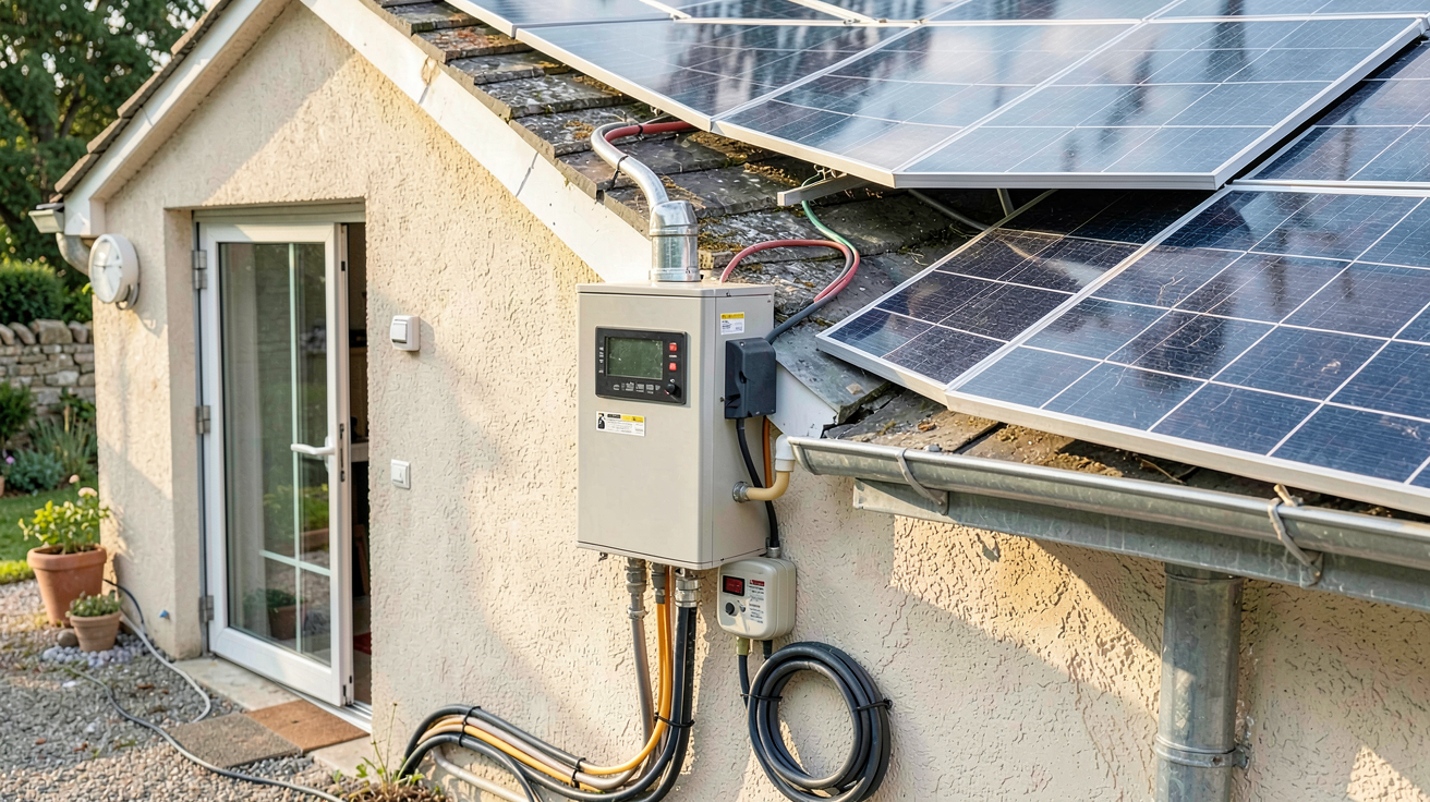 batterie panneau solaire installée dans un garage avec panneaux photovoltaïques sur le toit, illustration des étapes d'installation et de la réglementation française