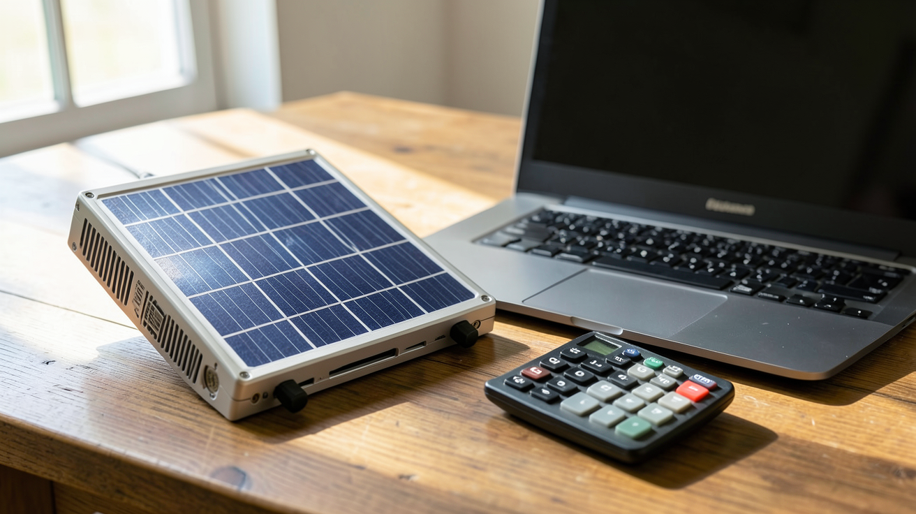batterie panneau solaire lithium affichée sur une table avec ordinateur portable et calculatrice pour dimensionner la capacité