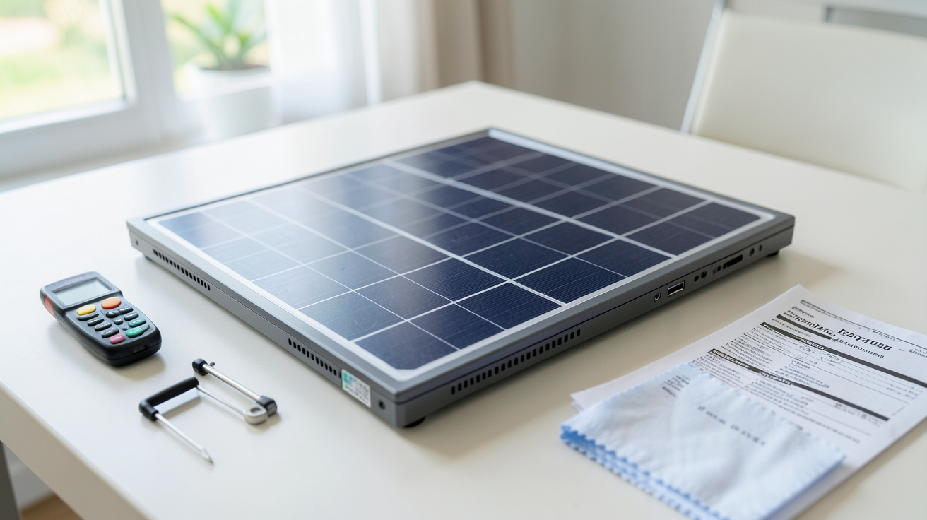 batterie panneau solaire lithium posée sur une table avec outils d'entretien à proximité