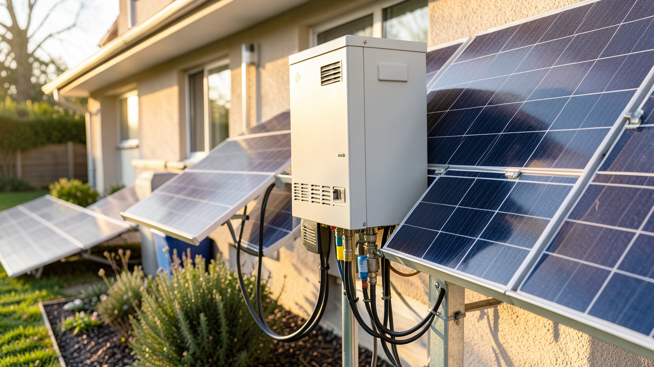 batterie panneau solaire maison installée à l'extérieur d'une résidence pour stockage d'énergie