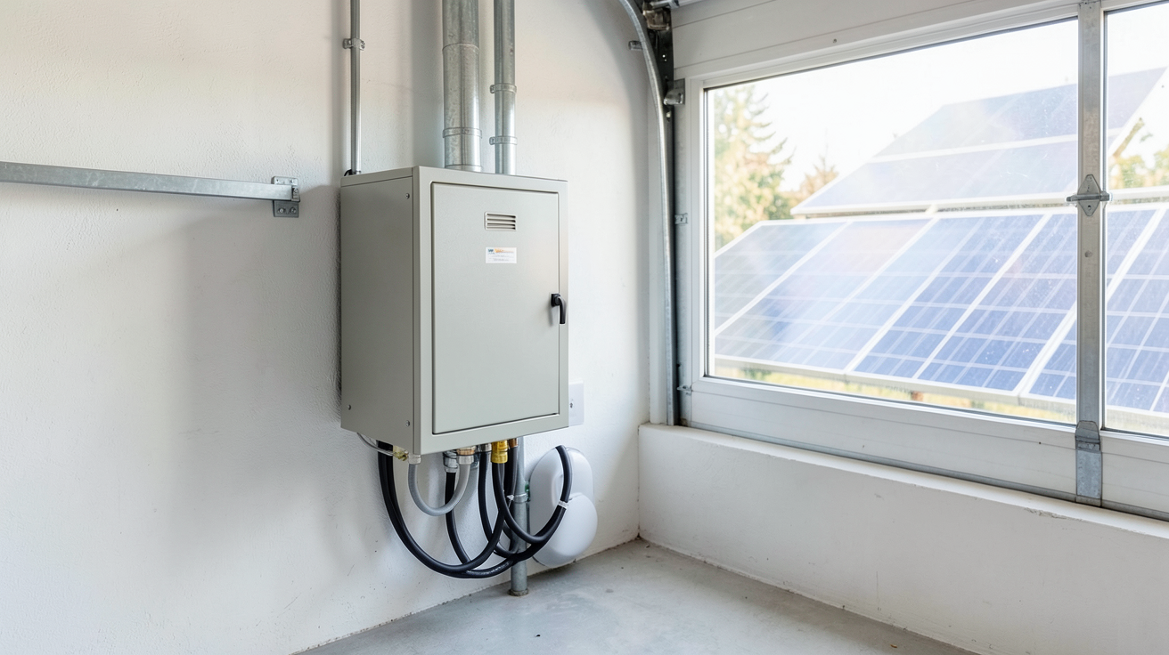 batterie panneau solaire maison installée dans un garage moderne avec des panneaux solaires visibles à travers une fenêtre