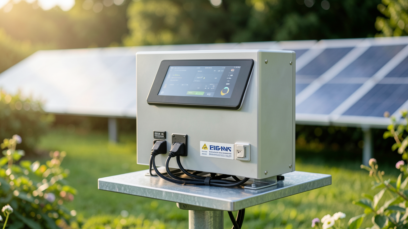 batterie de stockage solaire moderne avec écran de contrôle affichant des données, installée dans un jardin