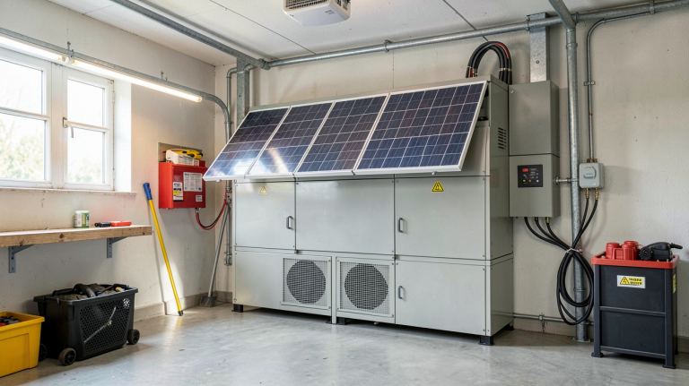 batterie panneaux photovoltaique installée dans un local technique avec des panneaux solaires visibles en arrière-plan